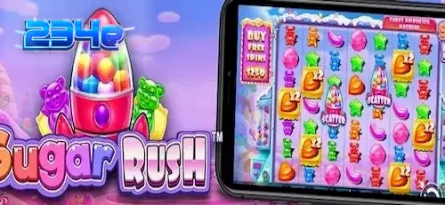 Tampilan antarmuka permainan slot Sugar Rush dengan grid 7x7 yang penuh warna.